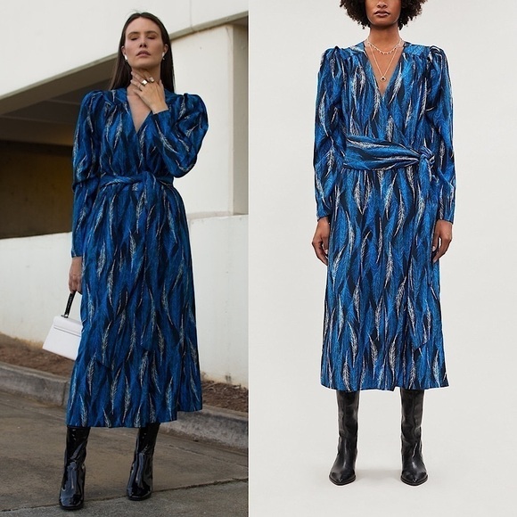 NWT HAPPY X NATURE 70s Puffed Long Sleeve Feather Print Wrap Tie Midi Dress M - Picture 1 of 9